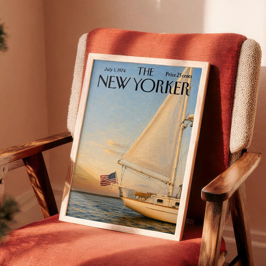 Vintage New Yorker Sailboat Poster – Coastal Yacht Wall Art, Nautical Sunset Print, Classic Magazine Cover Decor, Ocean Sailing Poster